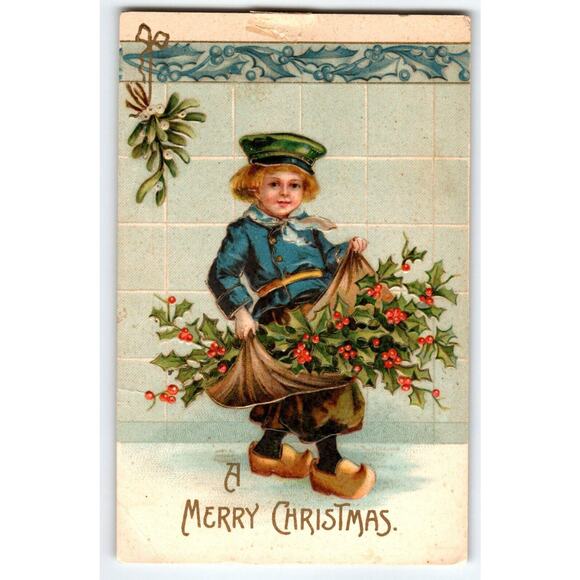 Christmas Postcard Ellen Clapsaddle Boy Wooden Shoes Carries Holly Germany 1909 - Picture 1 of 2